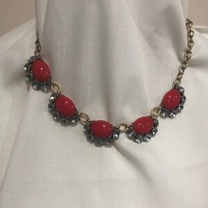 Stella & Dot Mae Red with Rhinestones Statement Necklace with Intricate Design